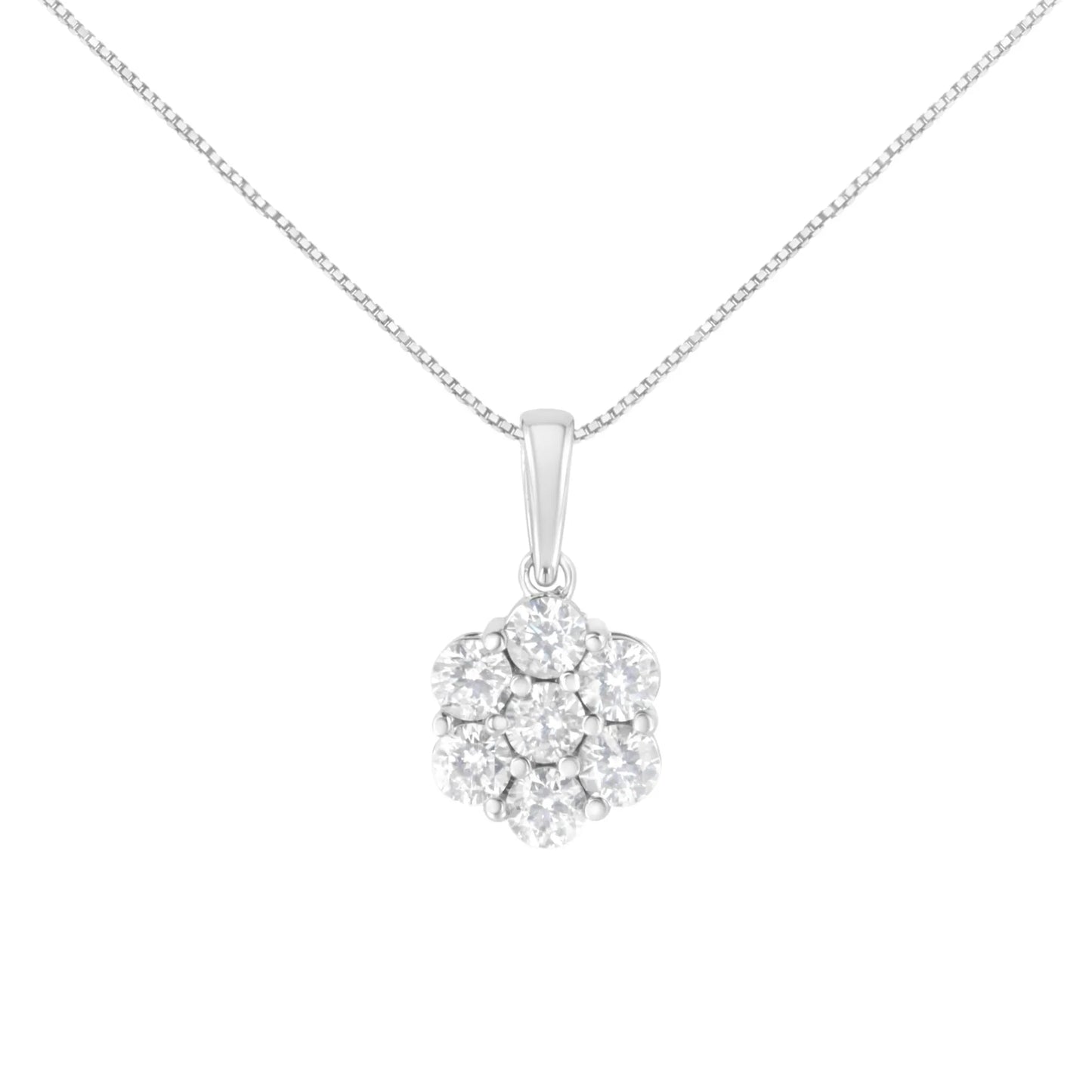 14K White Gold 2.00 Cttw Brilliant Round-Cut Diamond 7 Stone Flower Cluster 18" Pendant Necklace (H-I Color, SI2-I1 Clarity)